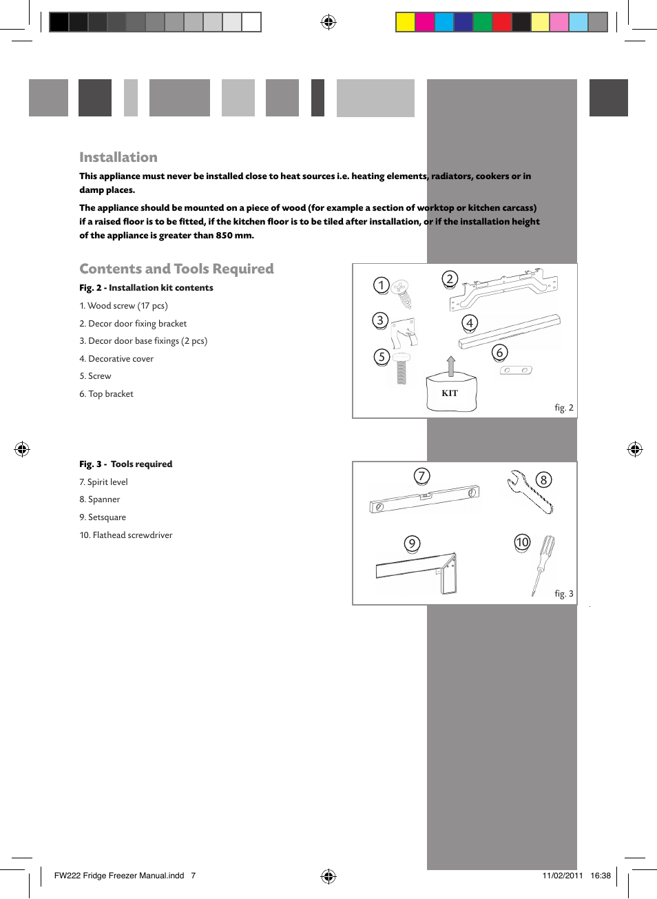 Installation, Contents and tools required | CDA FW222 User Manual | Page 7 / 16
