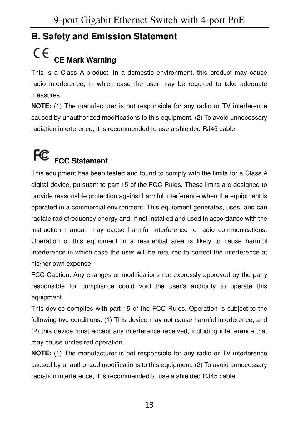 Port gigabit ethernet switch with 4-port poe, B. safety and emission statement | Linkskey LKS-SG9P4 User Manual | Page 15 / 15