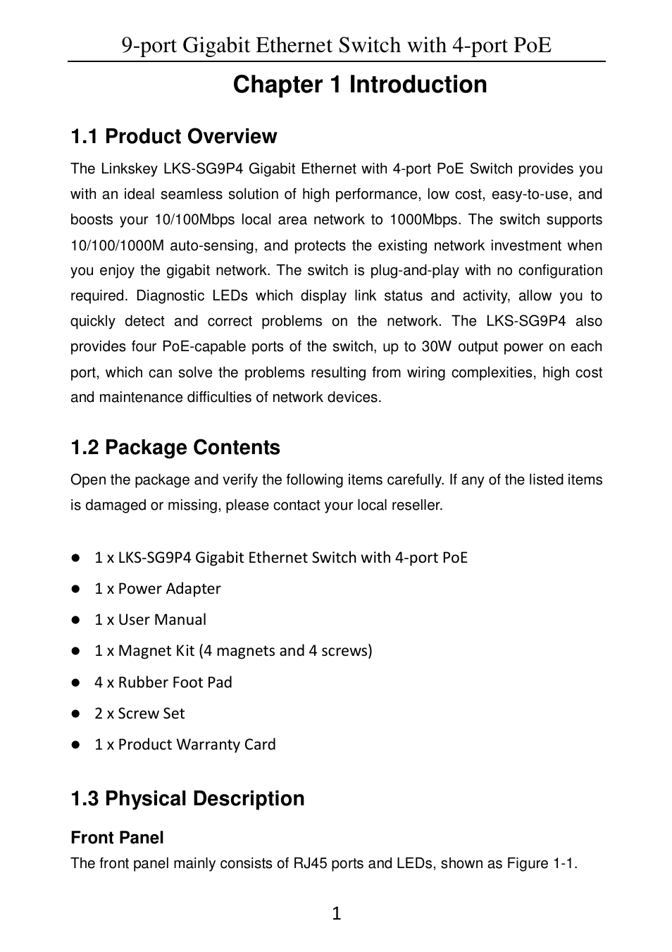 Chapter 1 introduction, Port gigabit ethernet switch with 4-port poe, 1 product overview | 2 package contents, 3 physical description | Linkskey LKS-SG9P4 User Manual | Page 3 / 15
