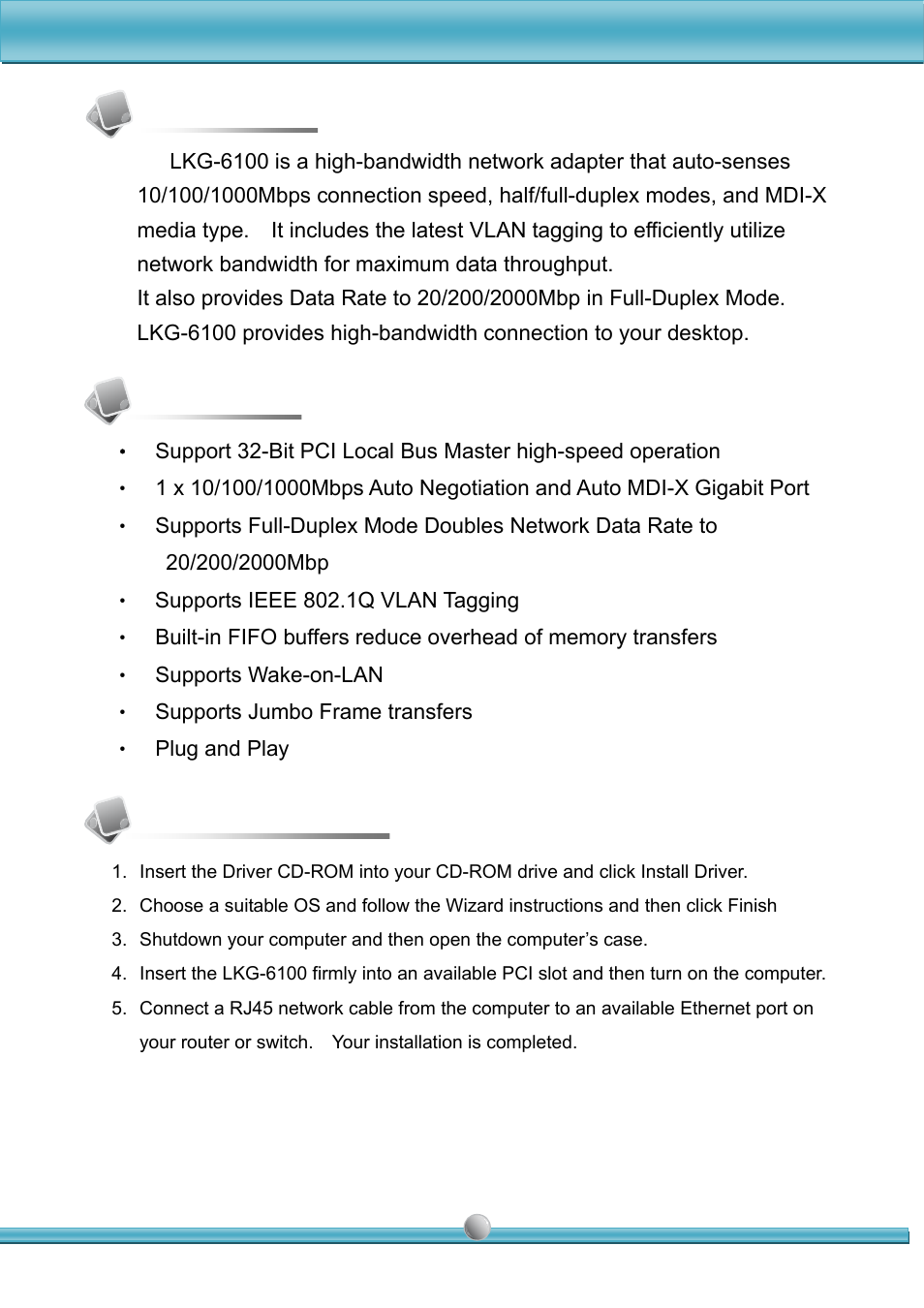 Overview, Features, Installation | Linkskey LKG-6100 User Manual | Page 2 / 4