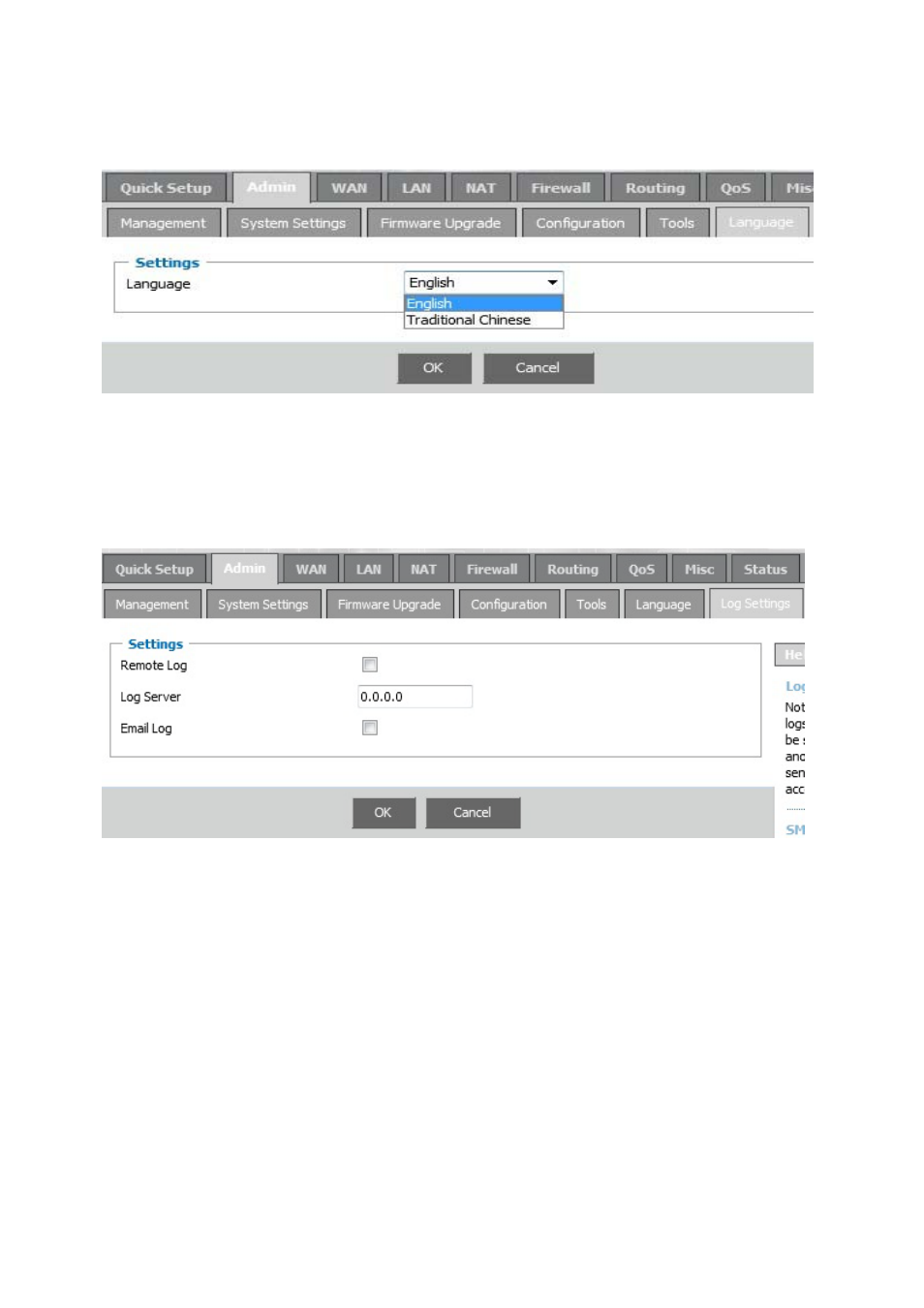 Language, Log settings | Linkskey LKR-604 User Manual | Page 15 / 35