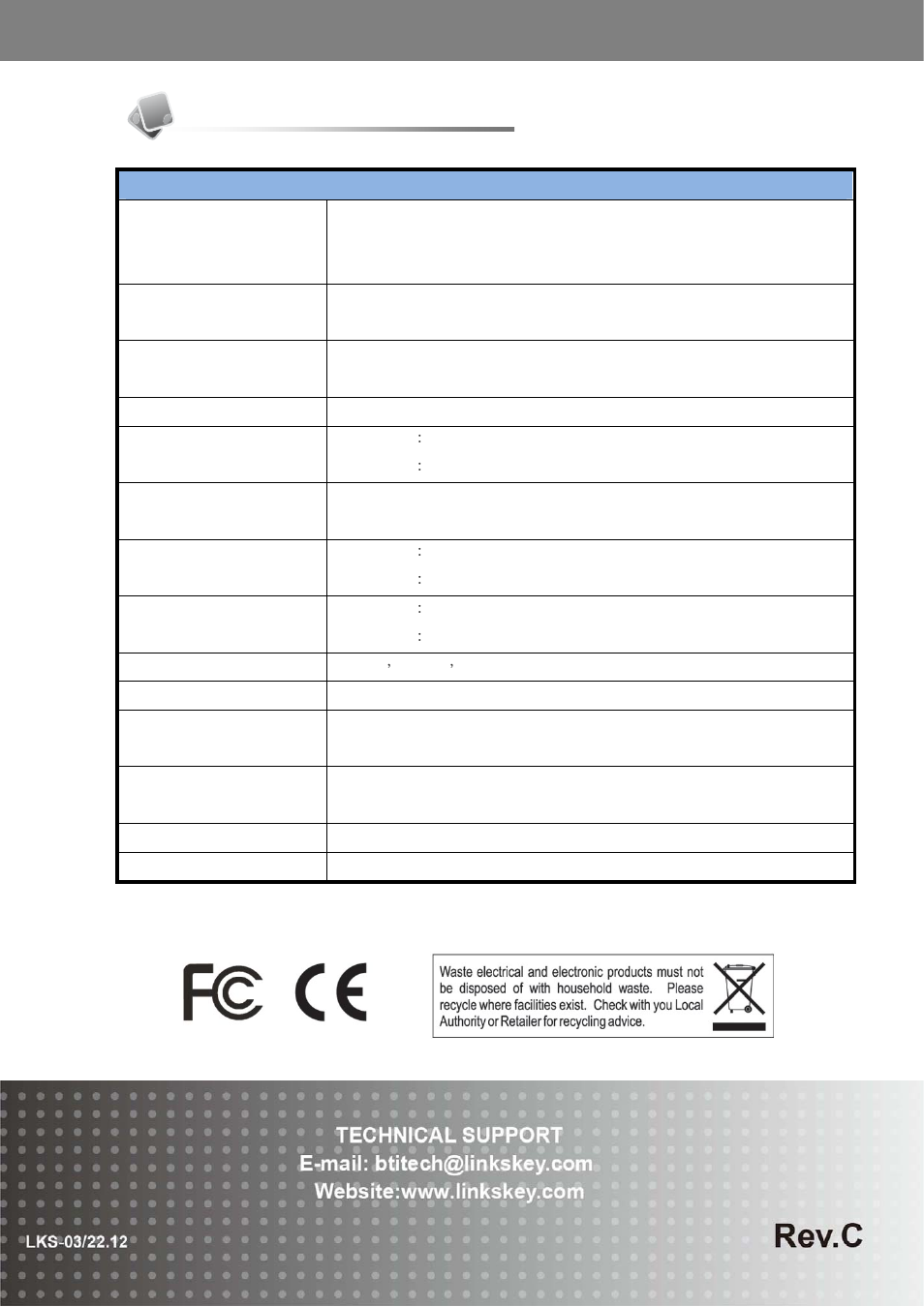 Technical specifications | Linkskey LKS-SR16 User Manual | Page 5 / 5