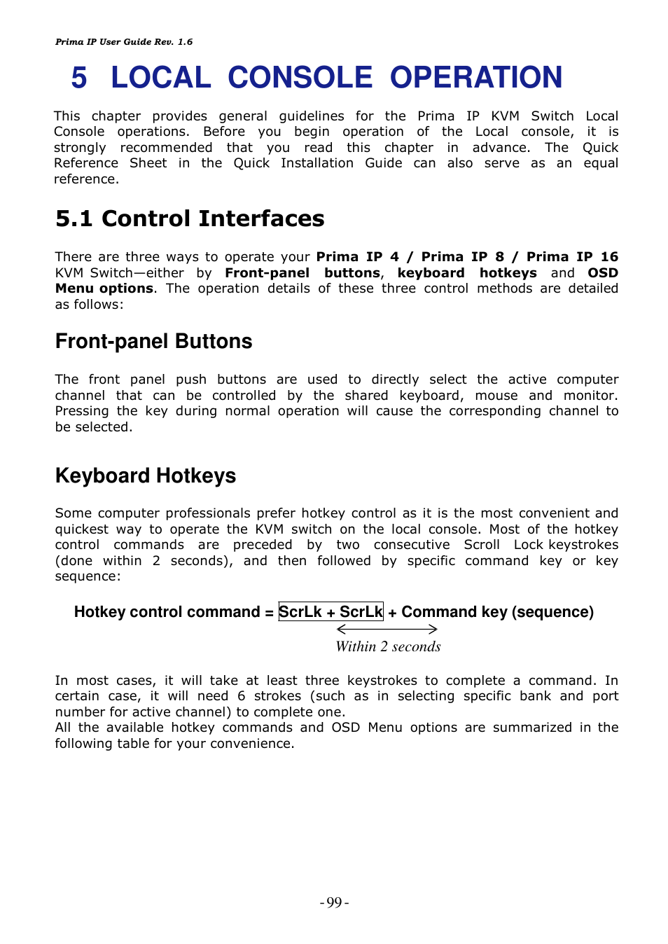 5 local console operation, 1 control interfaces, Front-panel buttons | Keyboard hotkeys | Linkskey LKV-9208IP User Manual | Page 103 / 111