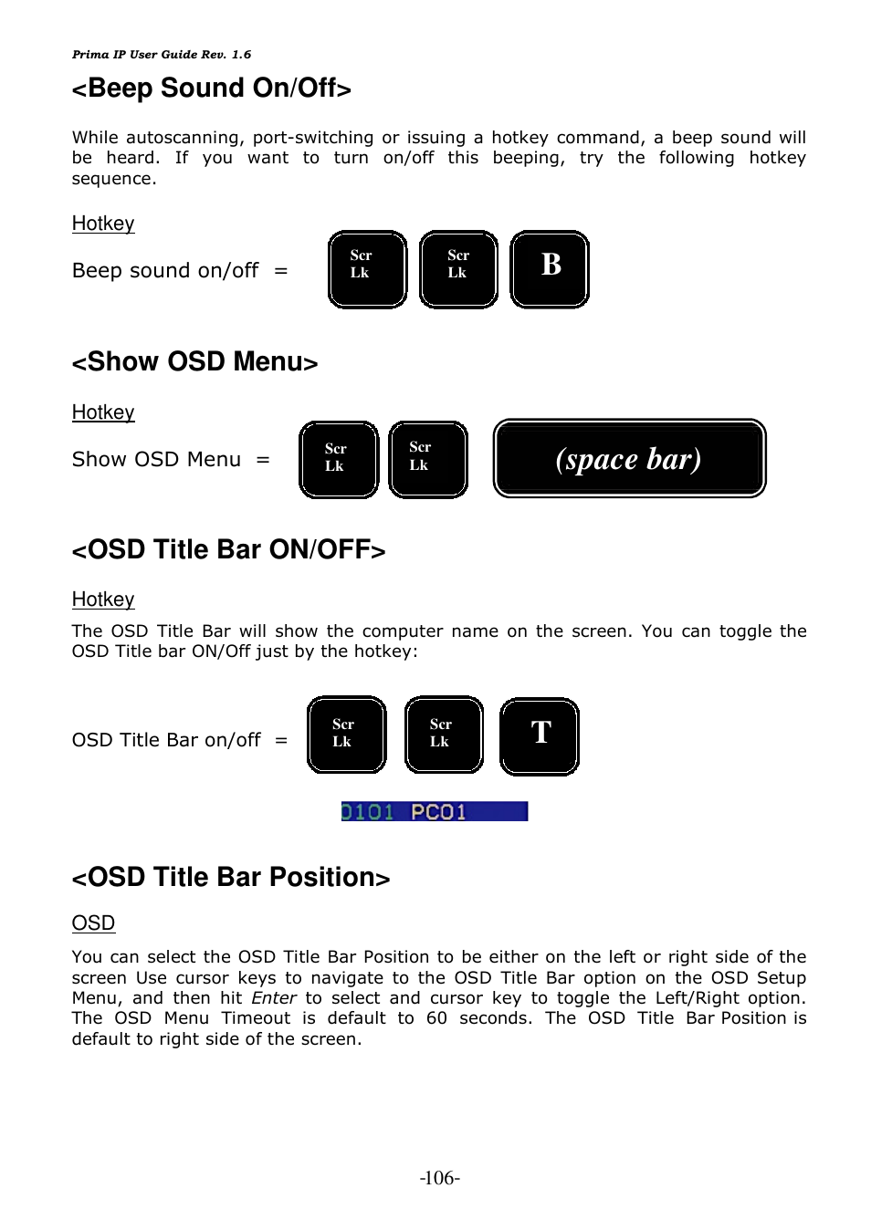 Space bar), Beep sound on/off, Show osd menu | Osd title bar on/off, Osd title bar position | Linkskey LKV-9208IP User Manual | Page 110 / 111