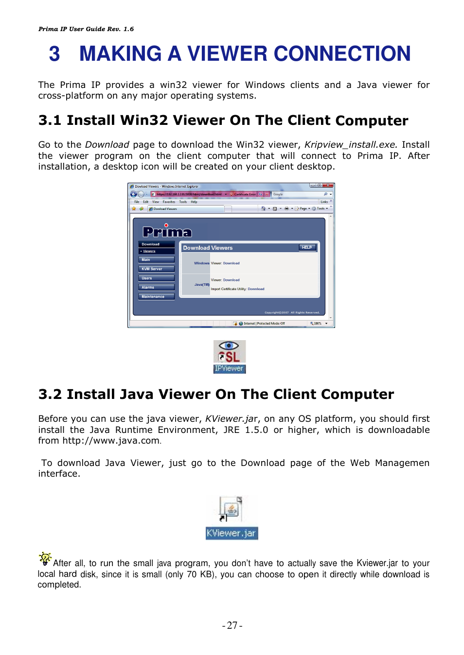 3 making a viewer connection, 1 install win32 viewer on the client computer, 2 install java viewer on the client computer | Linkskey LKV-9208IP User Manual | Page 31 / 111