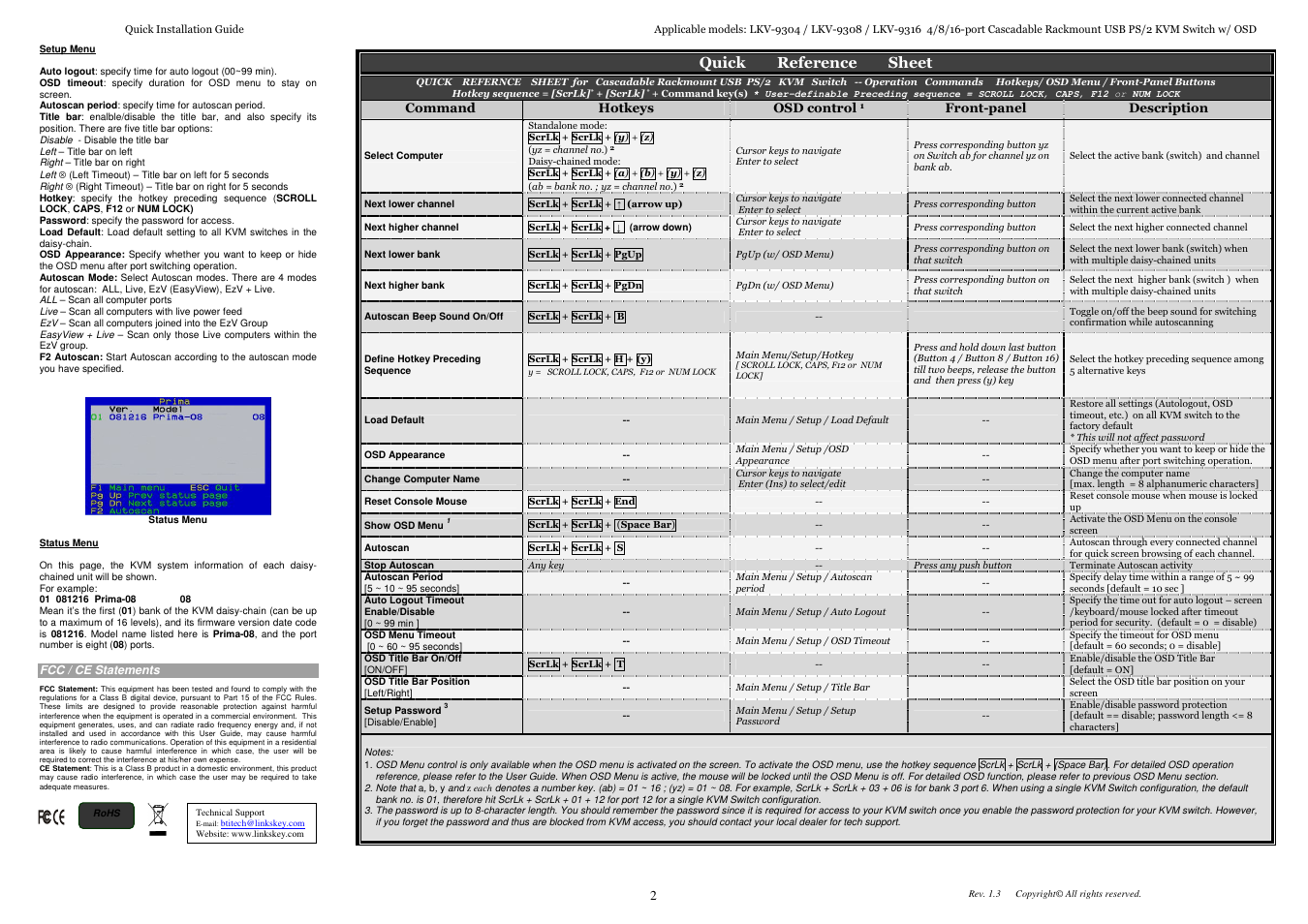 Quick reference sheet | Linkskey LKV-9304 User Manual | Page 2 / 2