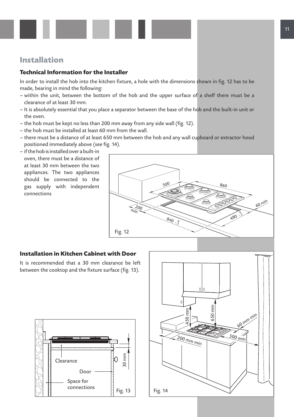 Installation, Technical information for the installer, Installation in kitchen cabinet with door | CDA HCG 931 User Manual | Page 11 / 20