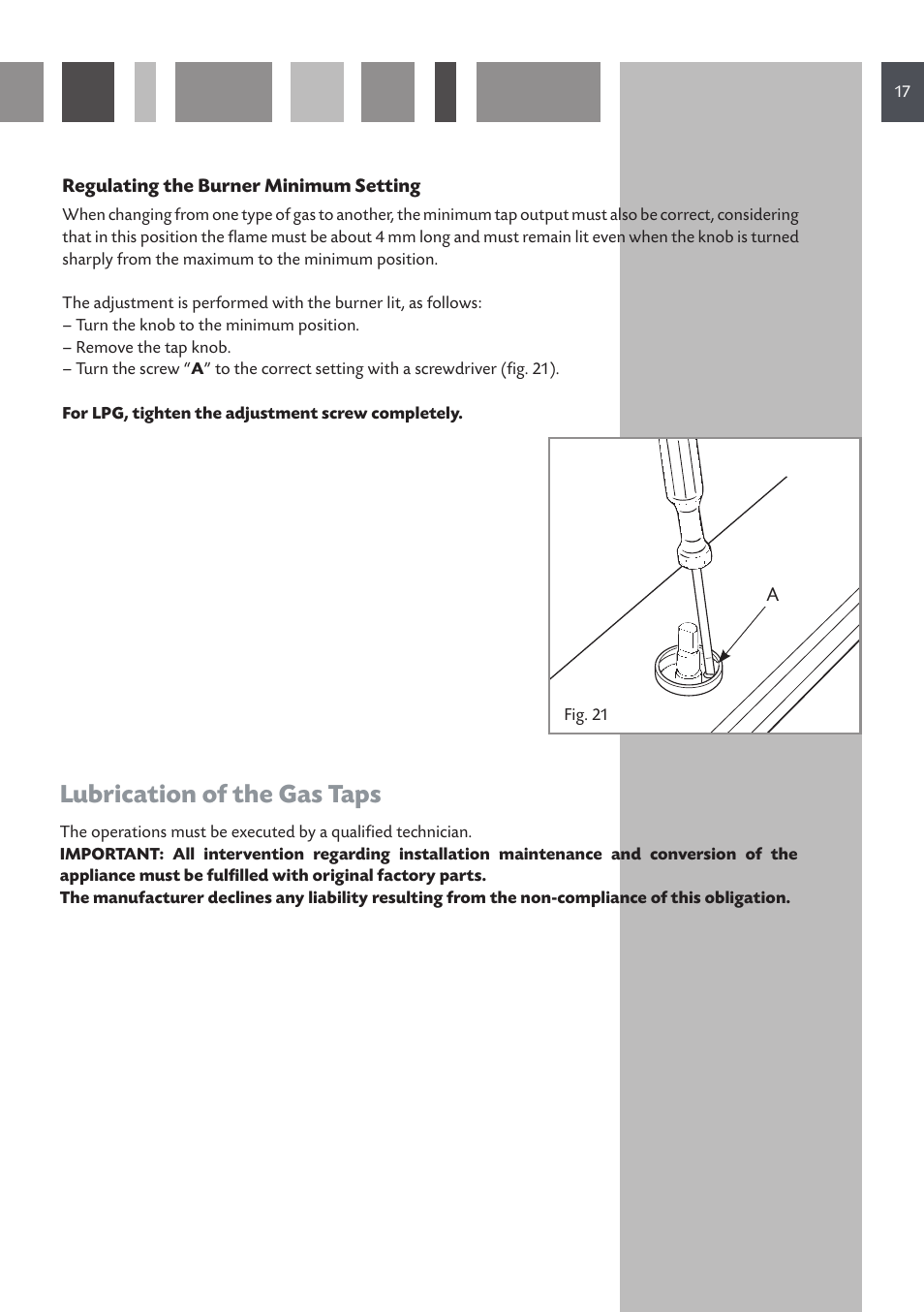 Lubrication of the gas taps | CDA HCG 931 User Manual | Page 17 / 20