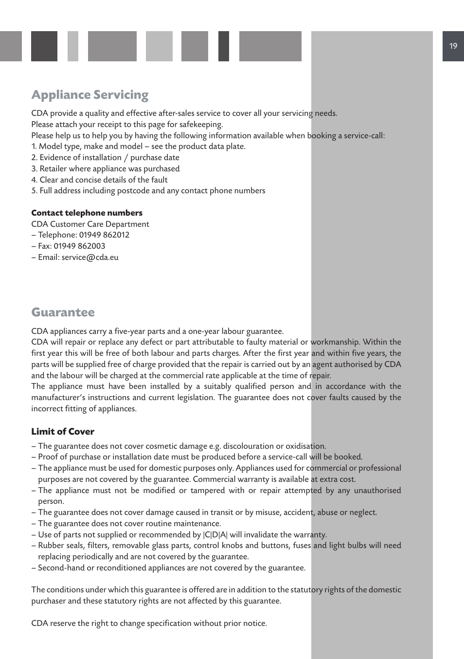 Appliance servicing, Guarantee | CDA HCG 931 User Manual | Page 19 / 20
