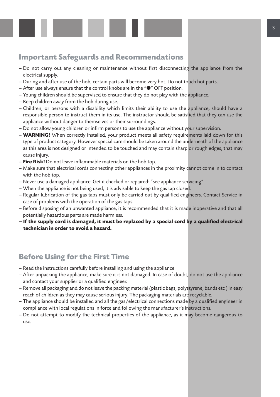 Important safeguards and recommendations, Before using for the first time | CDA HCG 931 User Manual | Page 3 / 20