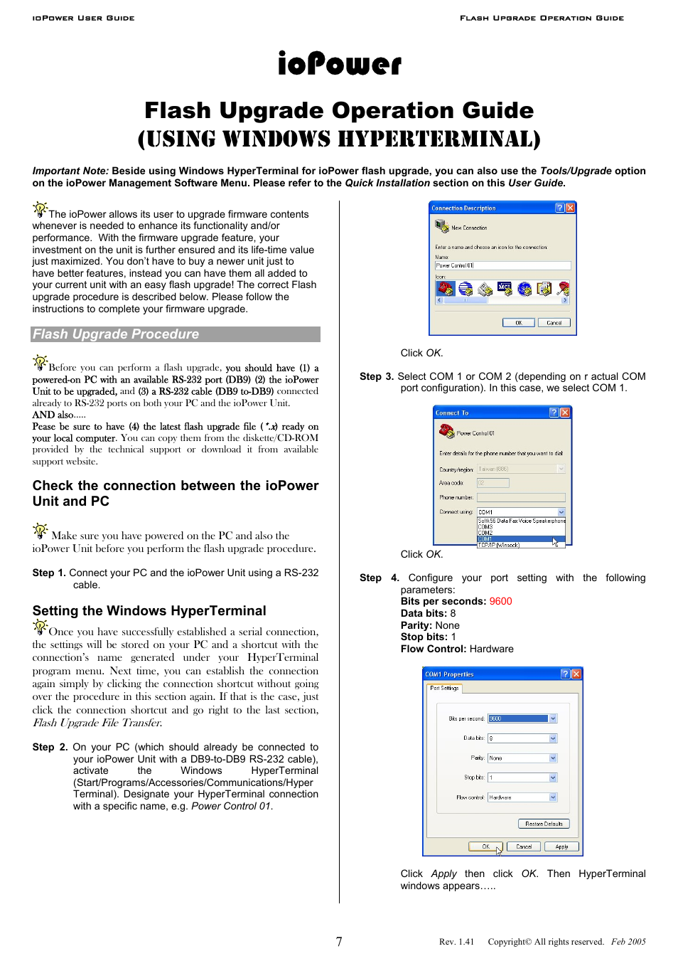 Iopower, Using windows hyperterminal), Flash upgrade operation guide | Flash upgrade procedure, Setting the windows hyperterminal | Linkskey LKV-IOP08 User Manual | Page 10 / 16