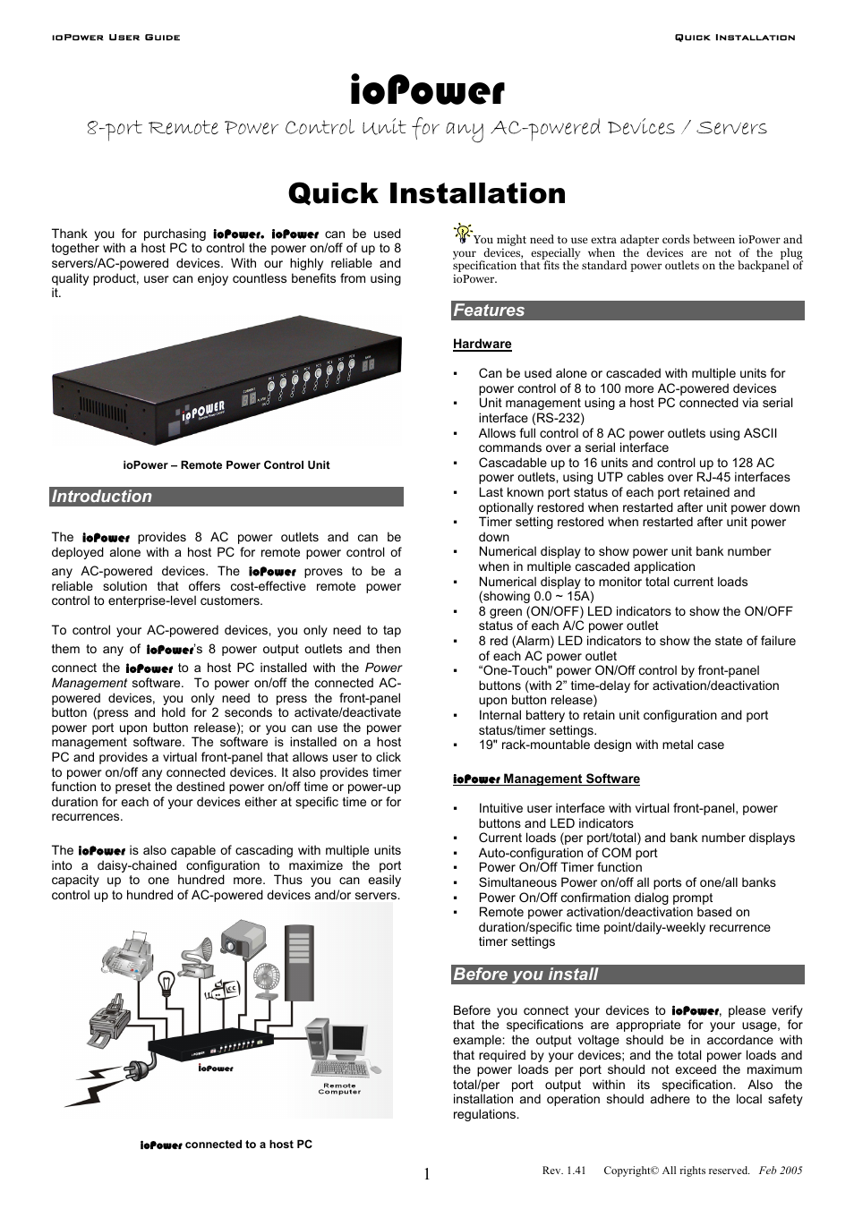 Iopower, Quick installation, Introduction | Features, Before you install | Linkskey LKV-IOP08 User Manual | Page 4 / 16