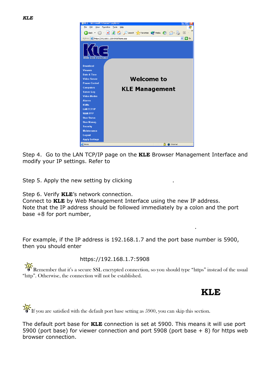 Configure port base setting for kle, Onfigure port base setting for, 5 configure port base setting for kle | Linkskey LKV-IPM01 User Manual | Page 20 / 95