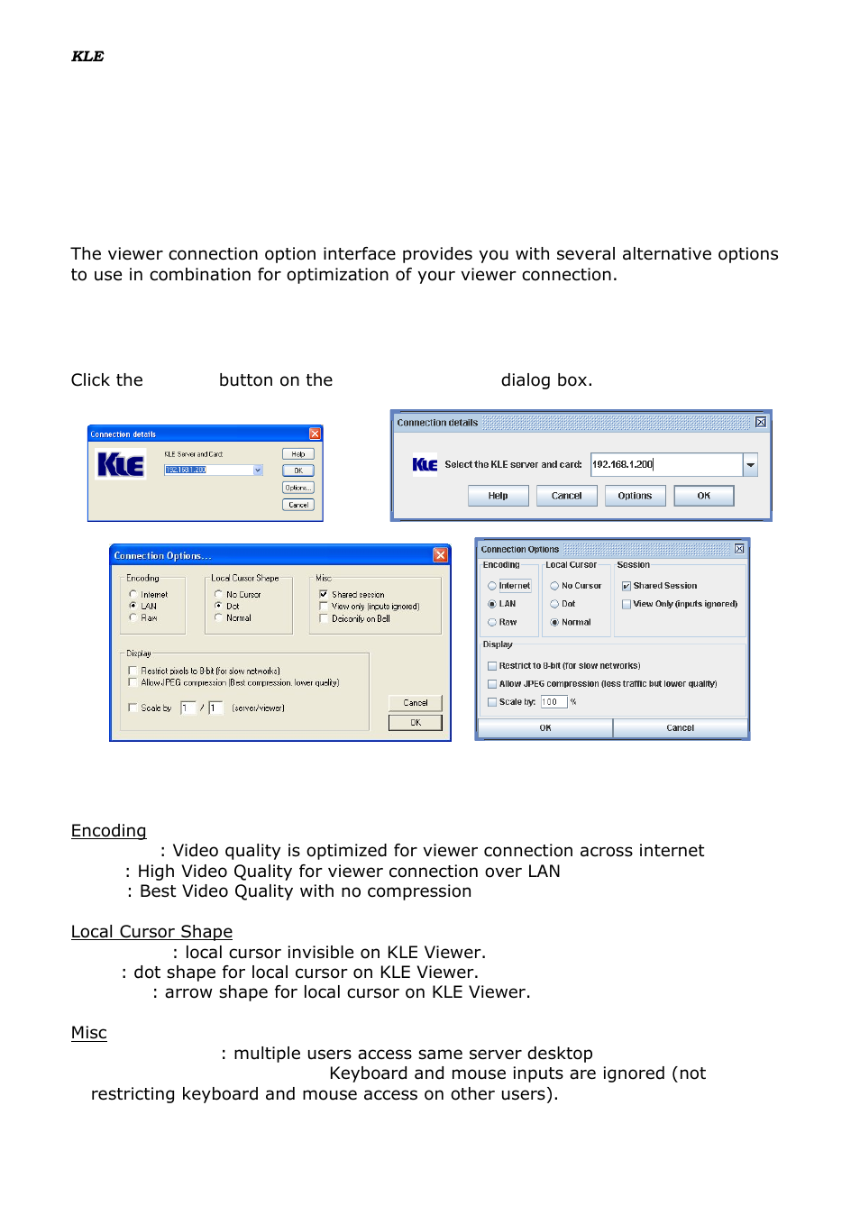 Encoding, Local cursor shape, Misc | Pecify the, Iewer, Onnection, Ption before, Aking a, Ncoding, Ocal | Linkskey LKV-IPM01 User Manual | Page 31 / 95
