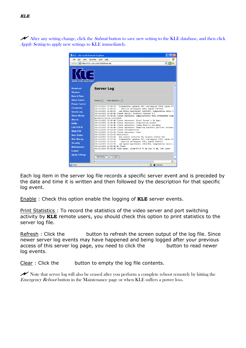 Server log – logging server events, Erver, Ogging | Vents, 8 server log – logging server events | Linkskey LKV-IPM01 User Manual | Page 60 / 95