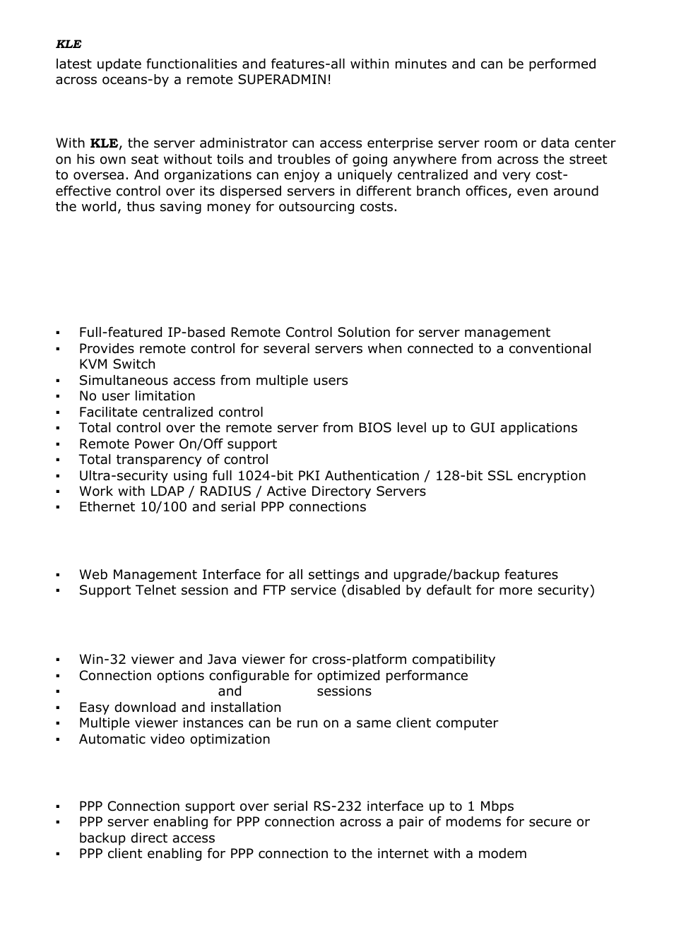Primary features, Rimary features, General features | Tcp/ip remote connection, Thin-client viewer program, Hi-speed ppp connection, 1 primary features | Linkskey LKV-IPM01 User Manual | Page 7 / 95