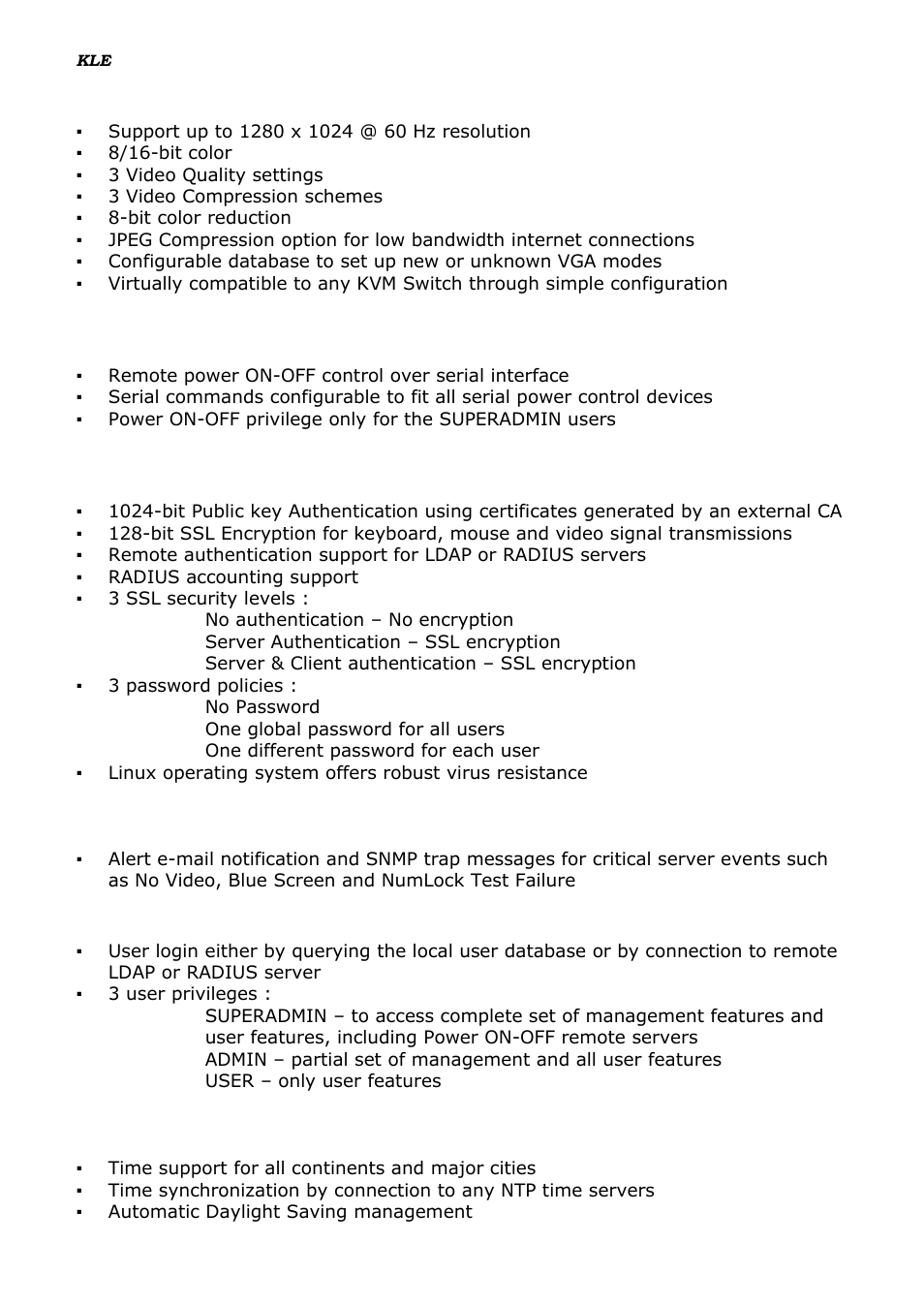 Power on-off control support, Security, User management | Linkskey LKV-IPM01 User Manual | Page 8 / 95