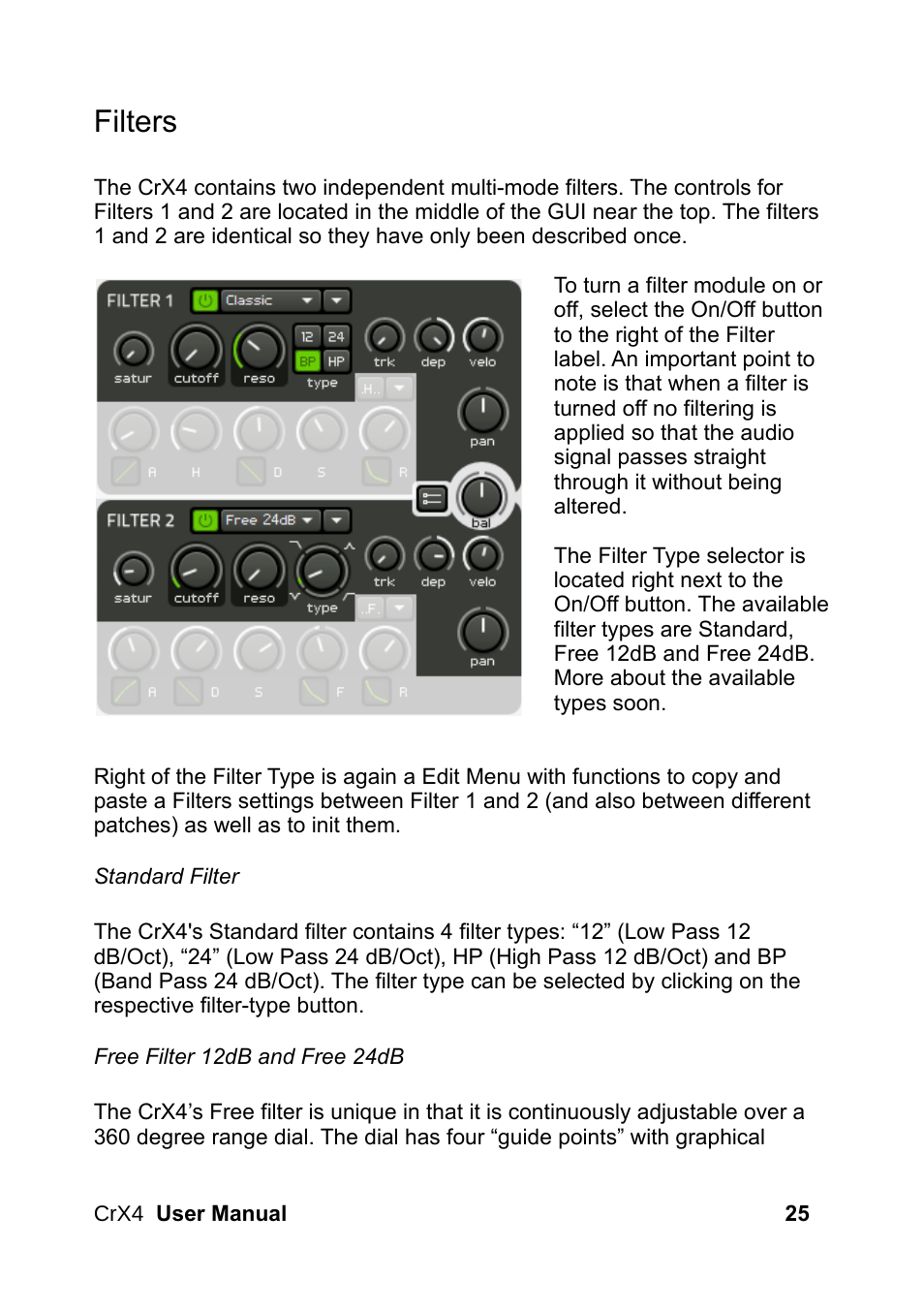 Filters, Standard filter, Free filter 12db and free 24db | LinPlug CrX4 User Manual | Page 25 / 70