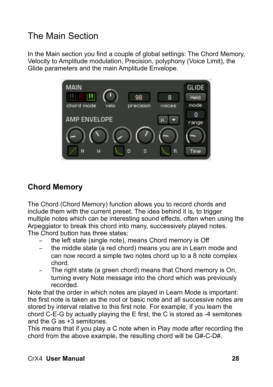 The main section, Chord memory | LinPlug CrX4 User Manual | Page 28 / 70