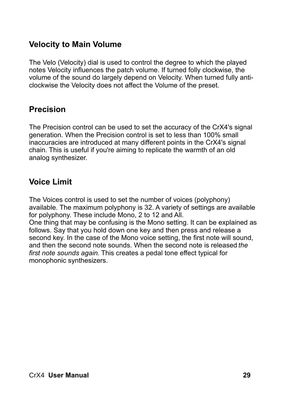 Velocity to main volume, Precision, Voice limit | LinPlug CrX4 User Manual | Page 29 / 70