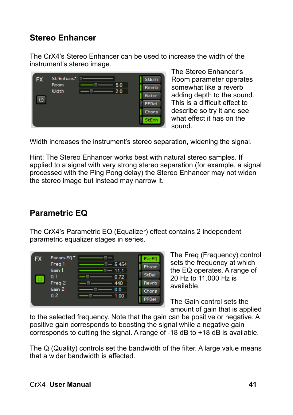 Stereo enhancer, Parametric eq | LinPlug CrX4 User Manual | Page 41 / 70