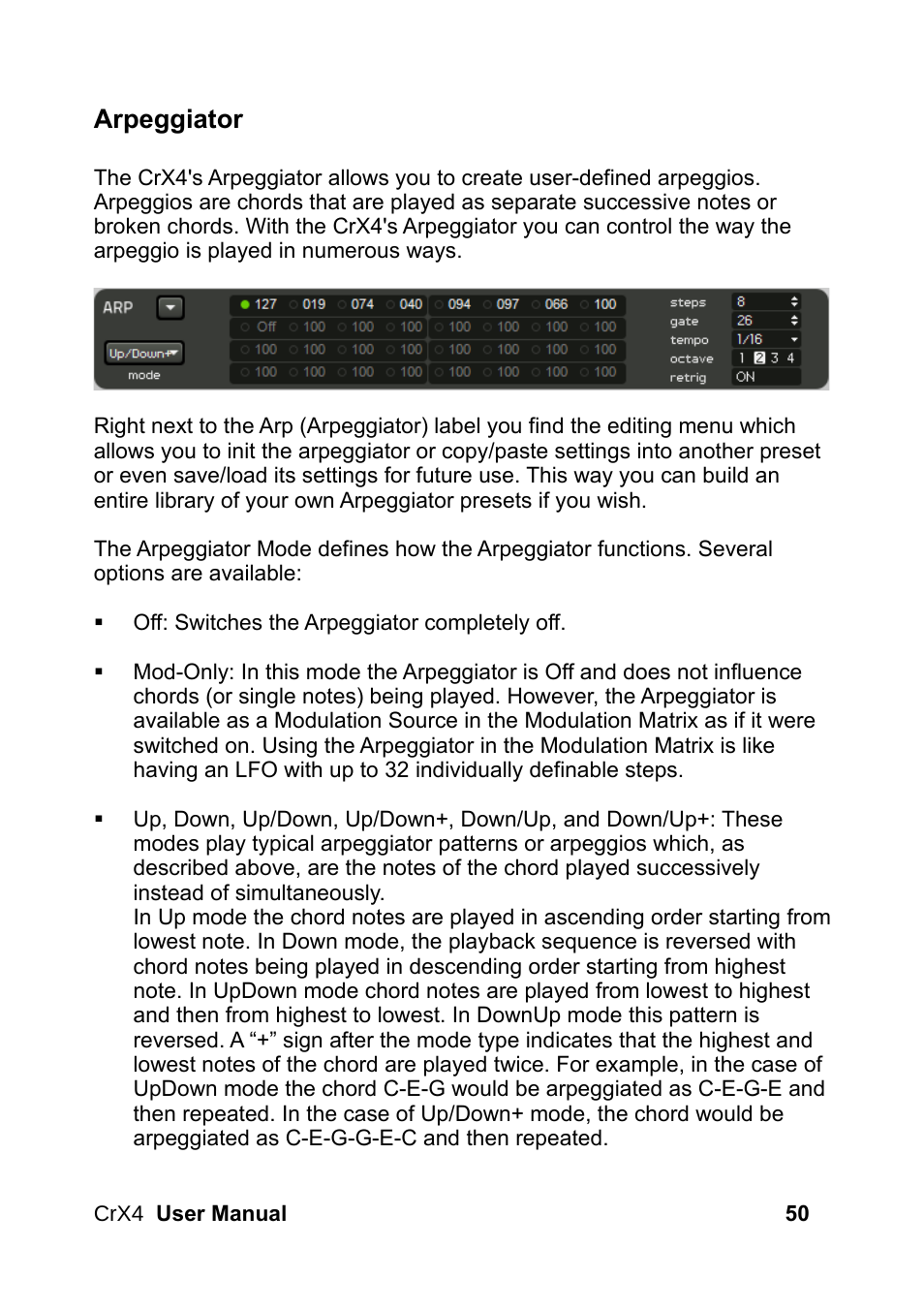 Arpeggiator | LinPlug CrX4 User Manual | Page 50 / 70