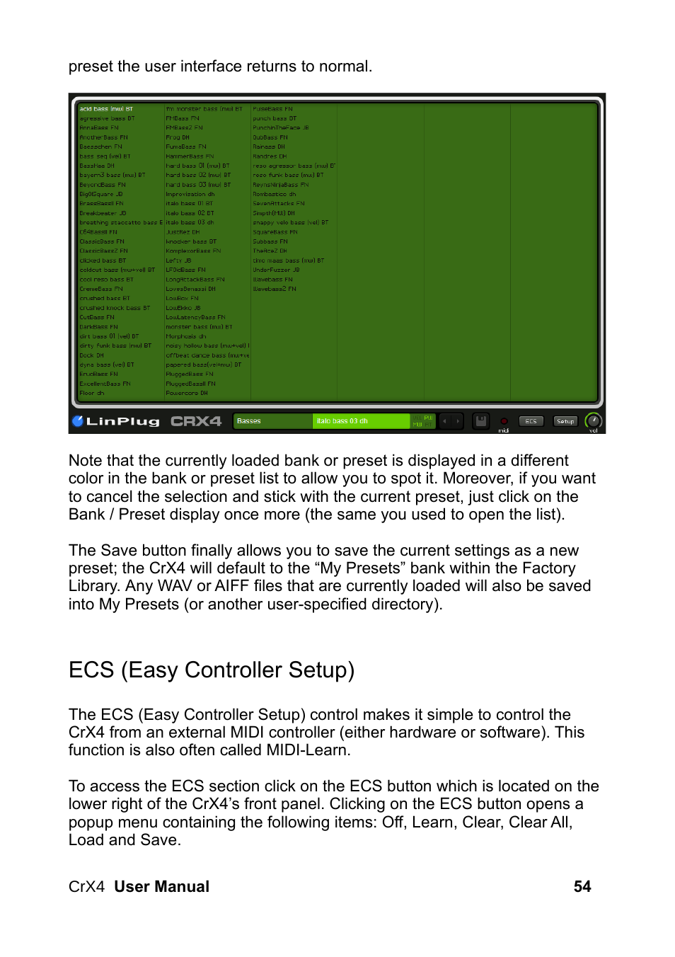 Ecs (easy controller setup) | LinPlug CrX4 User Manual | Page 54 / 70