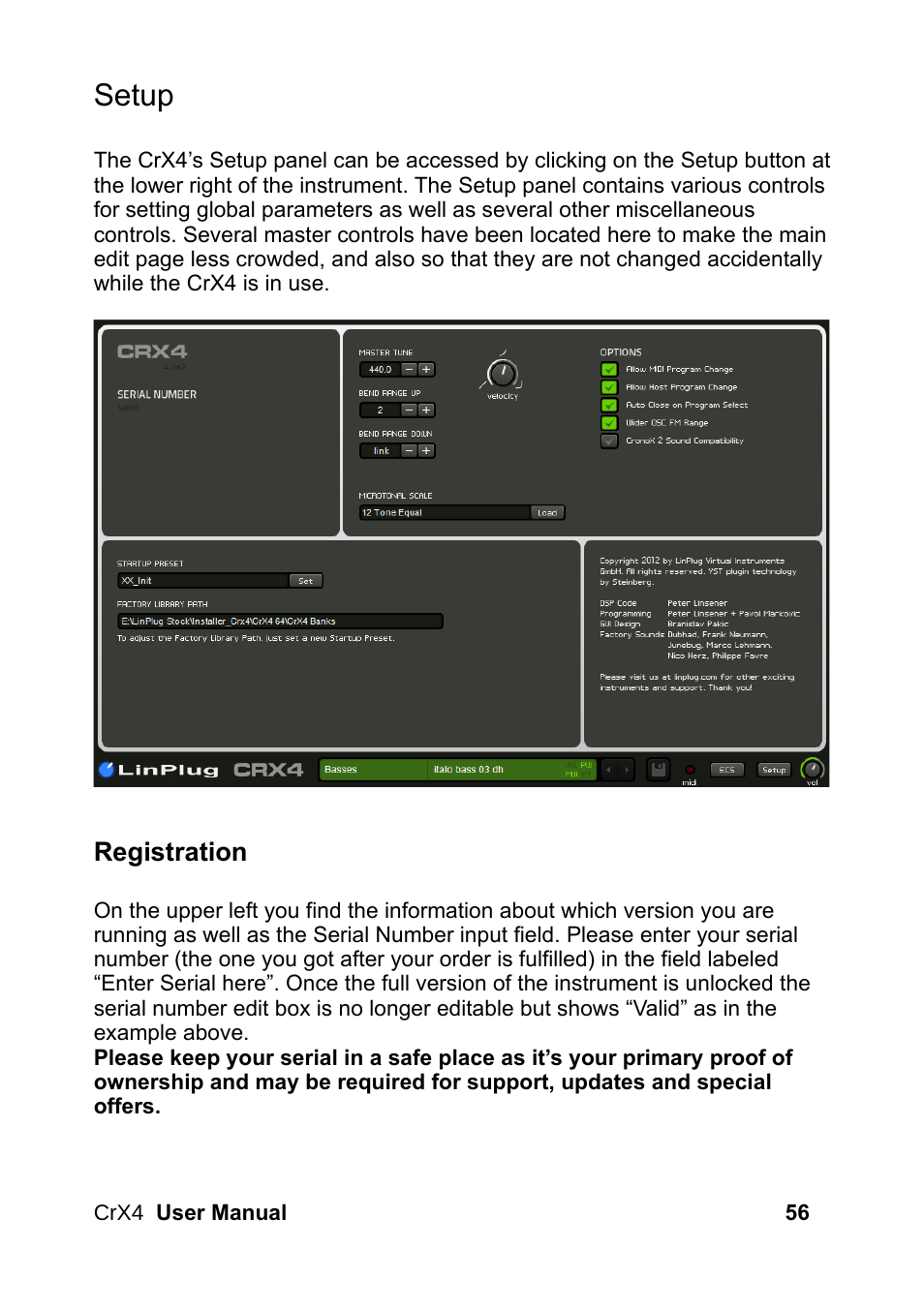 Setup, Registration | LinPlug CrX4 User Manual | Page 56 / 70