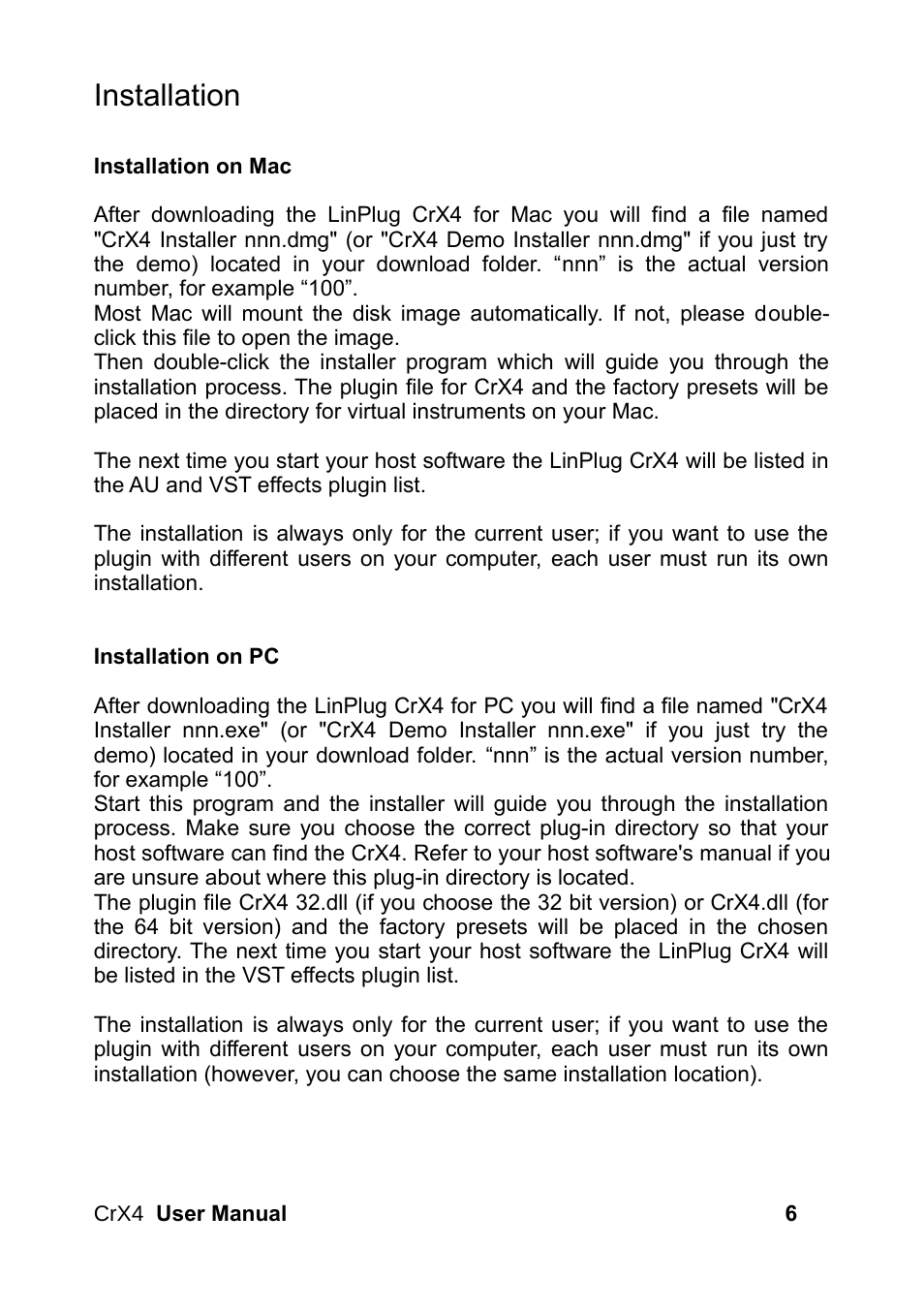 Installation | LinPlug CrX4 User Manual | Page 6 / 70