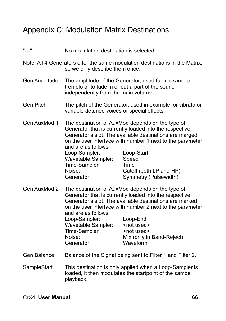 Appendix c: modulation matrix destinations | LinPlug CrX4 User Manual | Page 66 / 70