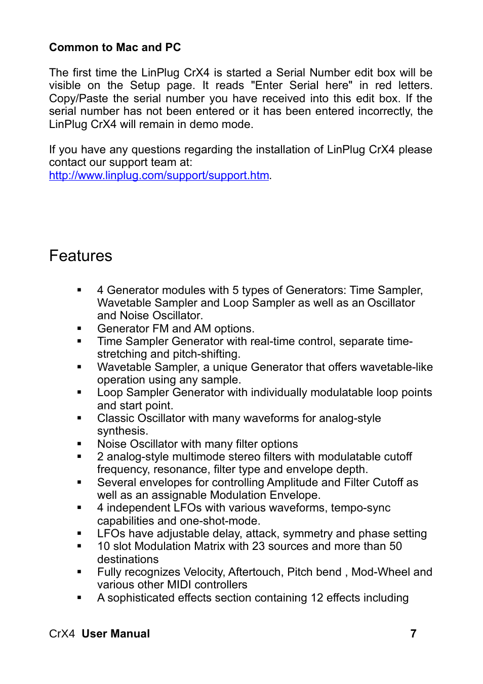 Features | LinPlug CrX4 User Manual | Page 7 / 70