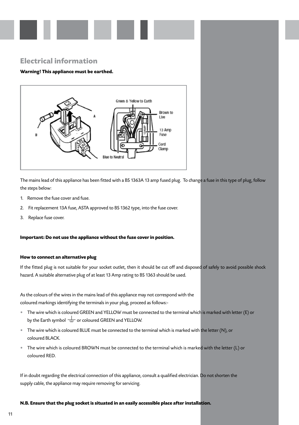 Electrical information | CDA INTEGRATED FROST FREE FW950 User Manual | Page 12 / 16