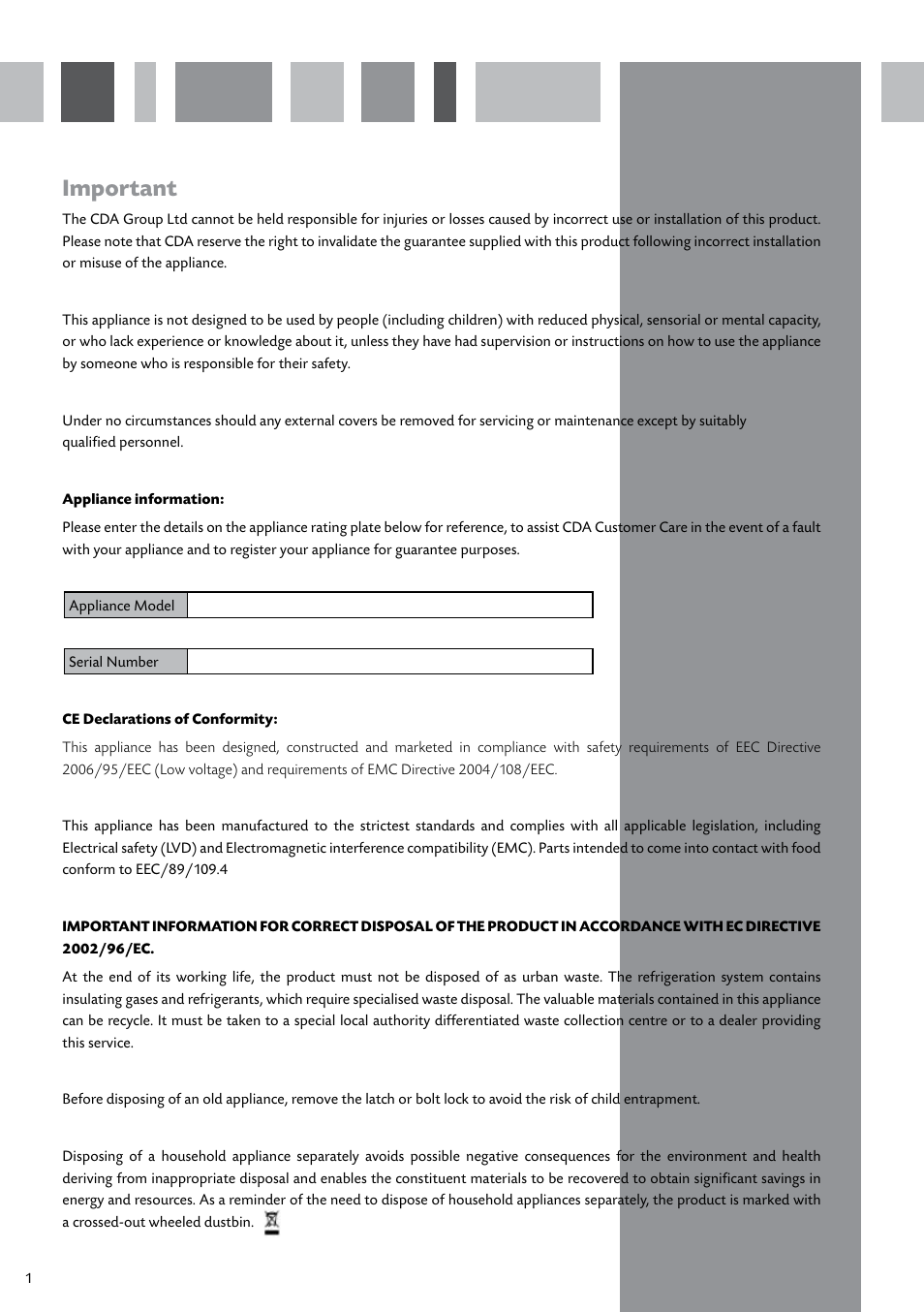 Important | CDA INTEGRATED FROST FREE FW950 User Manual | Page 2 / 16