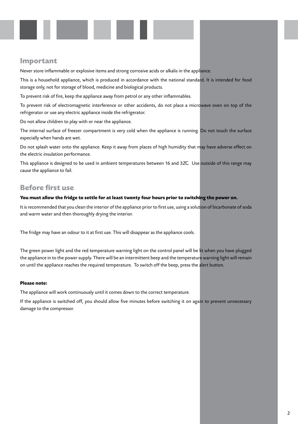 Important, Before first use | CDA INTEGRATED FROST FREE FW950 User Manual | Page 3 / 16