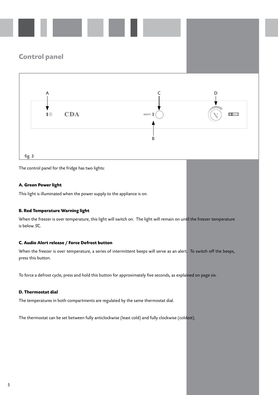 Control panel | CDA INTEGRATED FROST FREE FW950 User Manual | Page 6 / 16