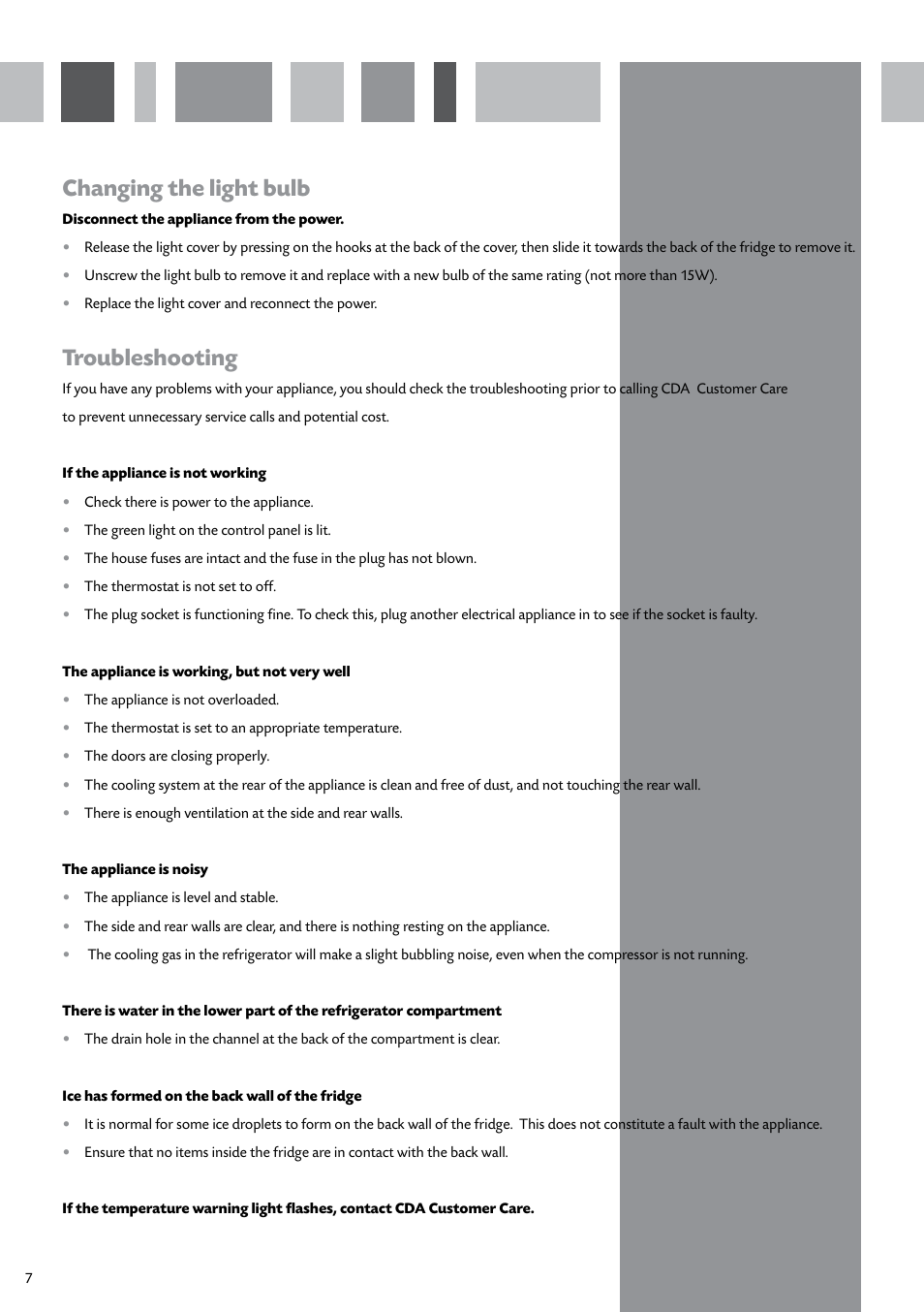 Changing the light bulb, Troubleshooting | CDA INTEGRATED FROST FREE FW950 User Manual | Page 8 / 16