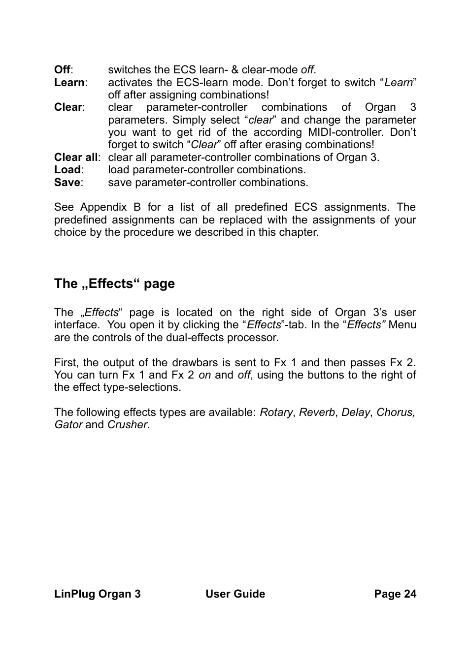 The „effects“ page | LinPlug Organ 3 User Manual | Page 24 / 46