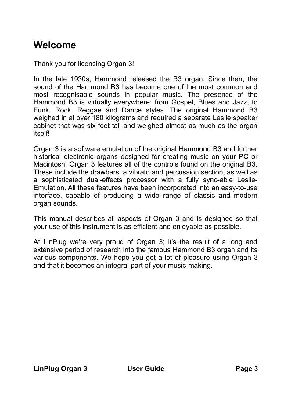 Welcome | LinPlug Organ 3 User Manual | Page 3 / 46