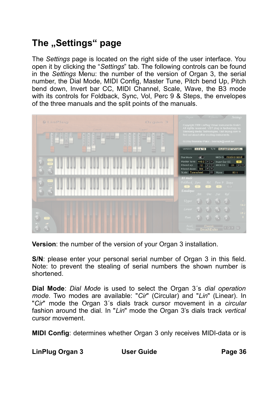 The „settings“ page | LinPlug Organ 3 User Manual | Page 36 / 46