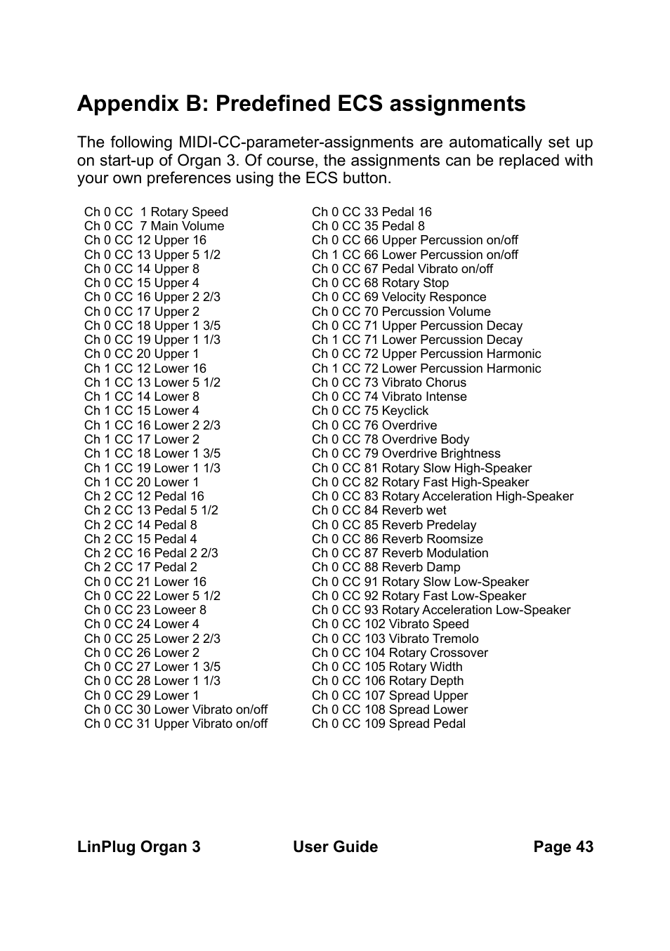 Appendix b: predefined ecs assignments, Linplug organ 3 user guide page 43 | LinPlug Organ 3 User Manual | Page 43 / 46