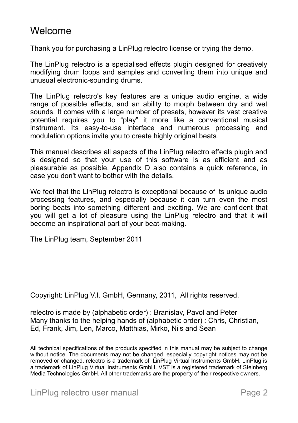 Welcome, Linplug relectro user manual page 2 | LinPlug relectro User Manual | Page 2 / 32