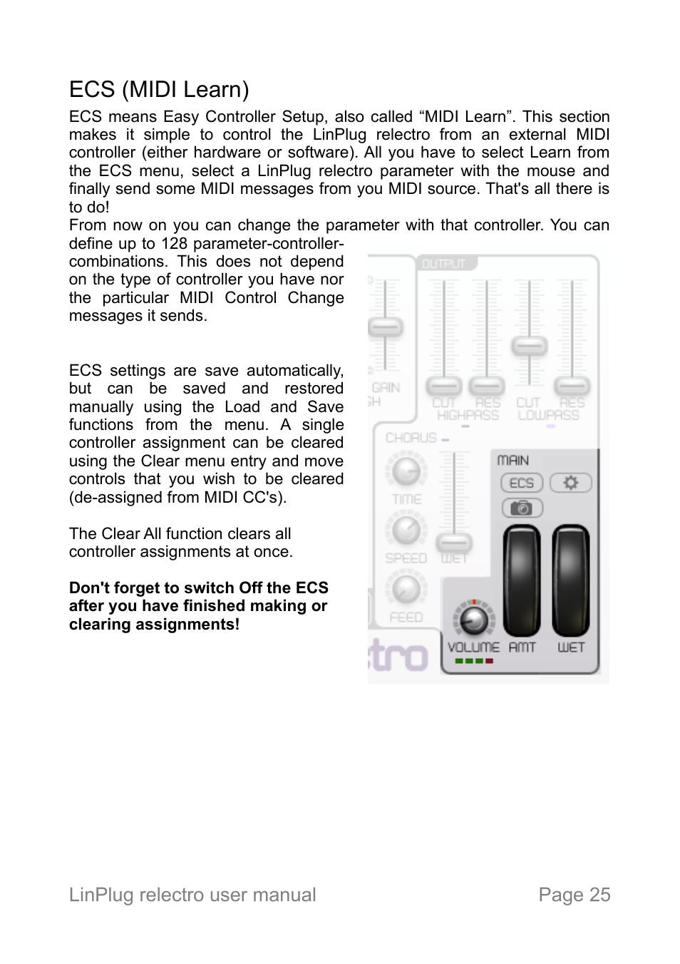 Ecs (midi learn) | LinPlug relectro User Manual | Page 25 / 32