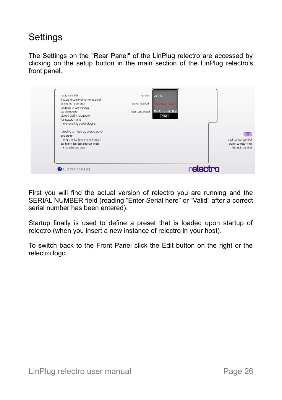 Settings | LinPlug relectro User Manual | Page 26 / 32