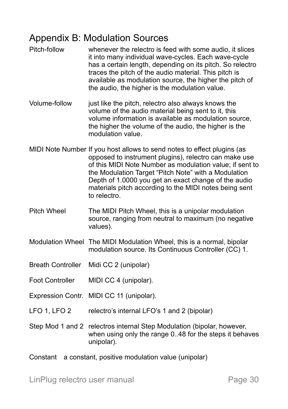 Appendix b: modulation sources, Linplug relectro user manual page 30 | LinPlug relectro User Manual | Page 30 / 32