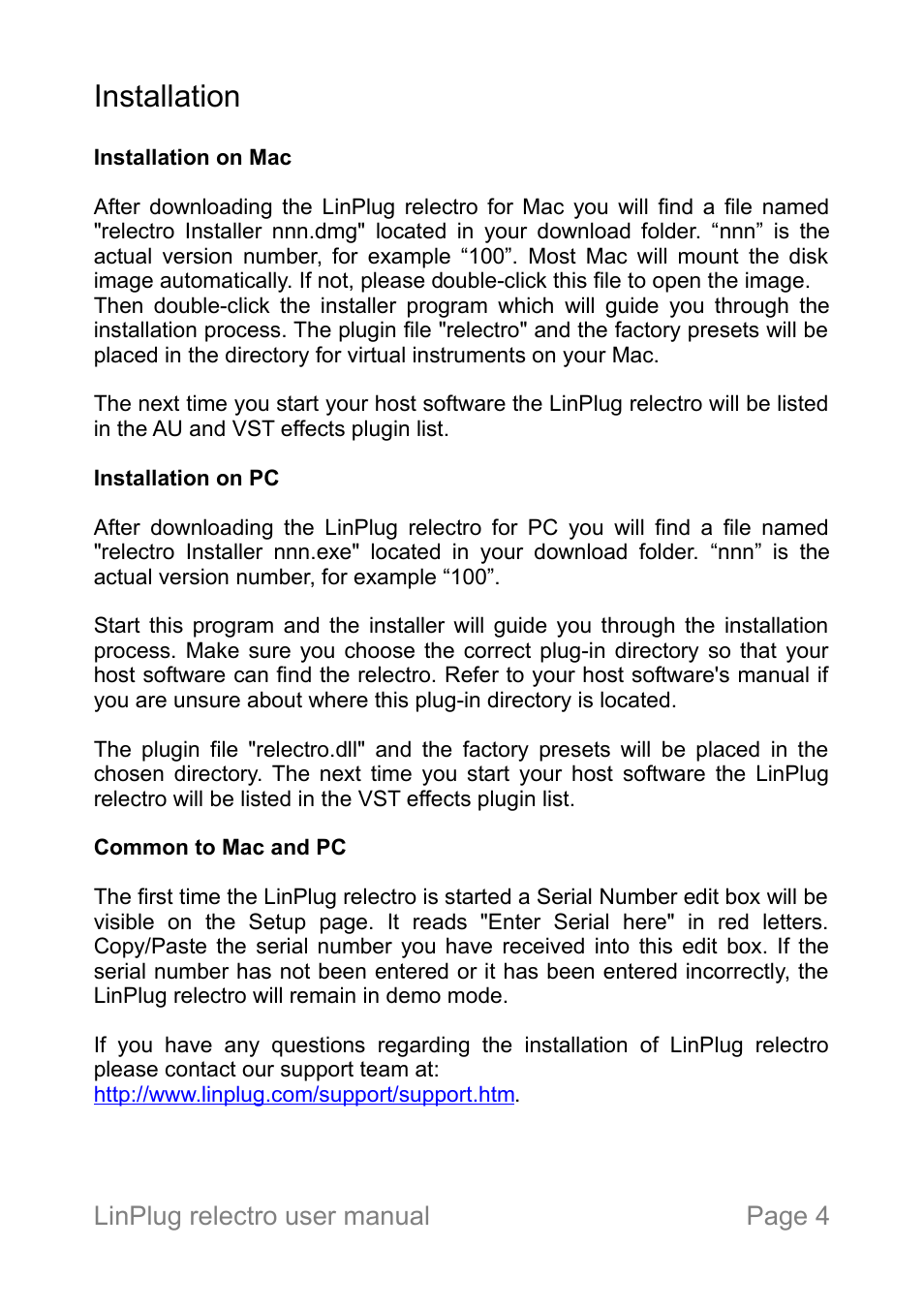 Installation, Linplug relectro user manual page 4 | LinPlug relectro User Manual | Page 4 / 32