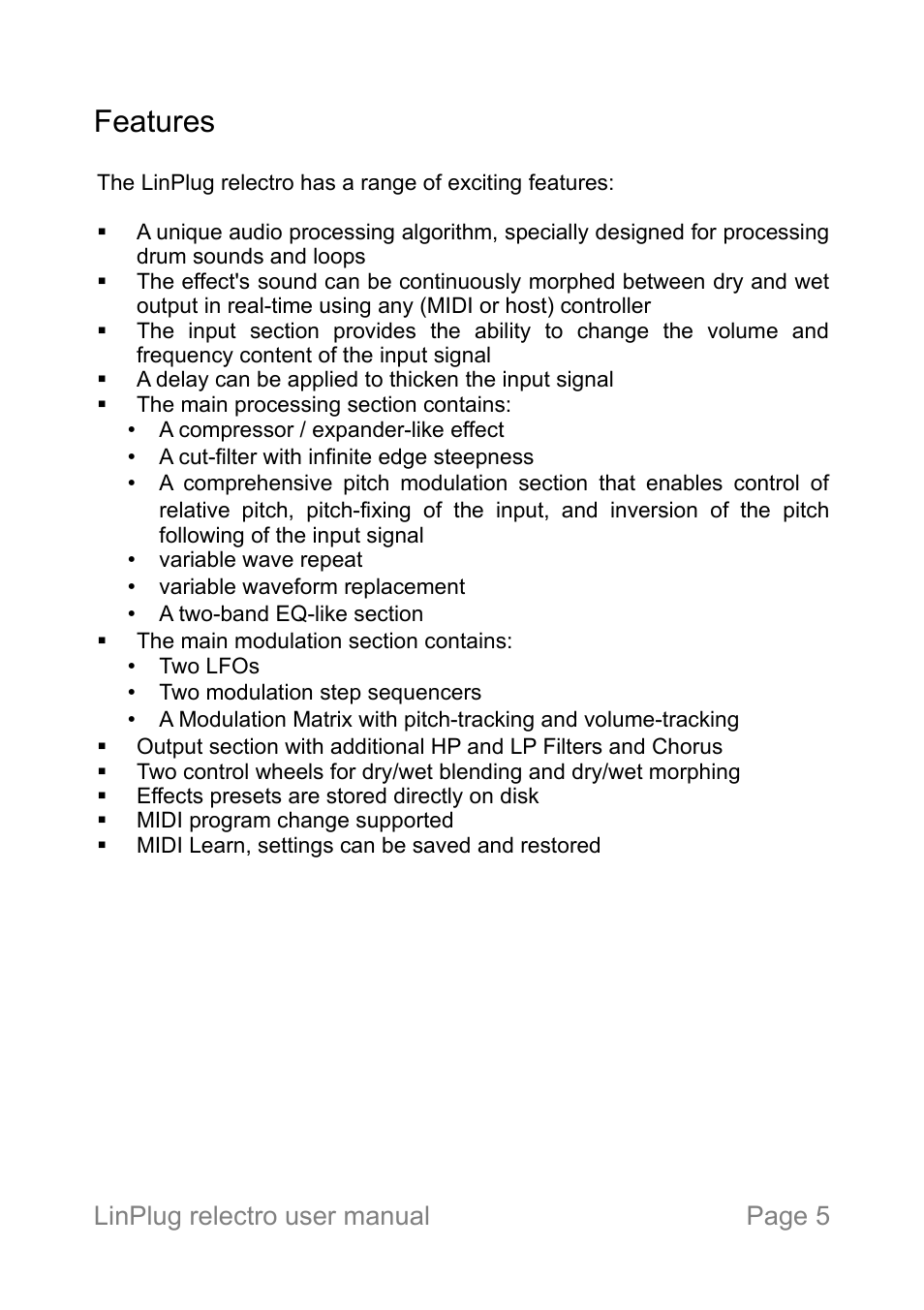 Features, Linplug relectro user manual page 5 | LinPlug relectro User Manual | Page 5 / 32