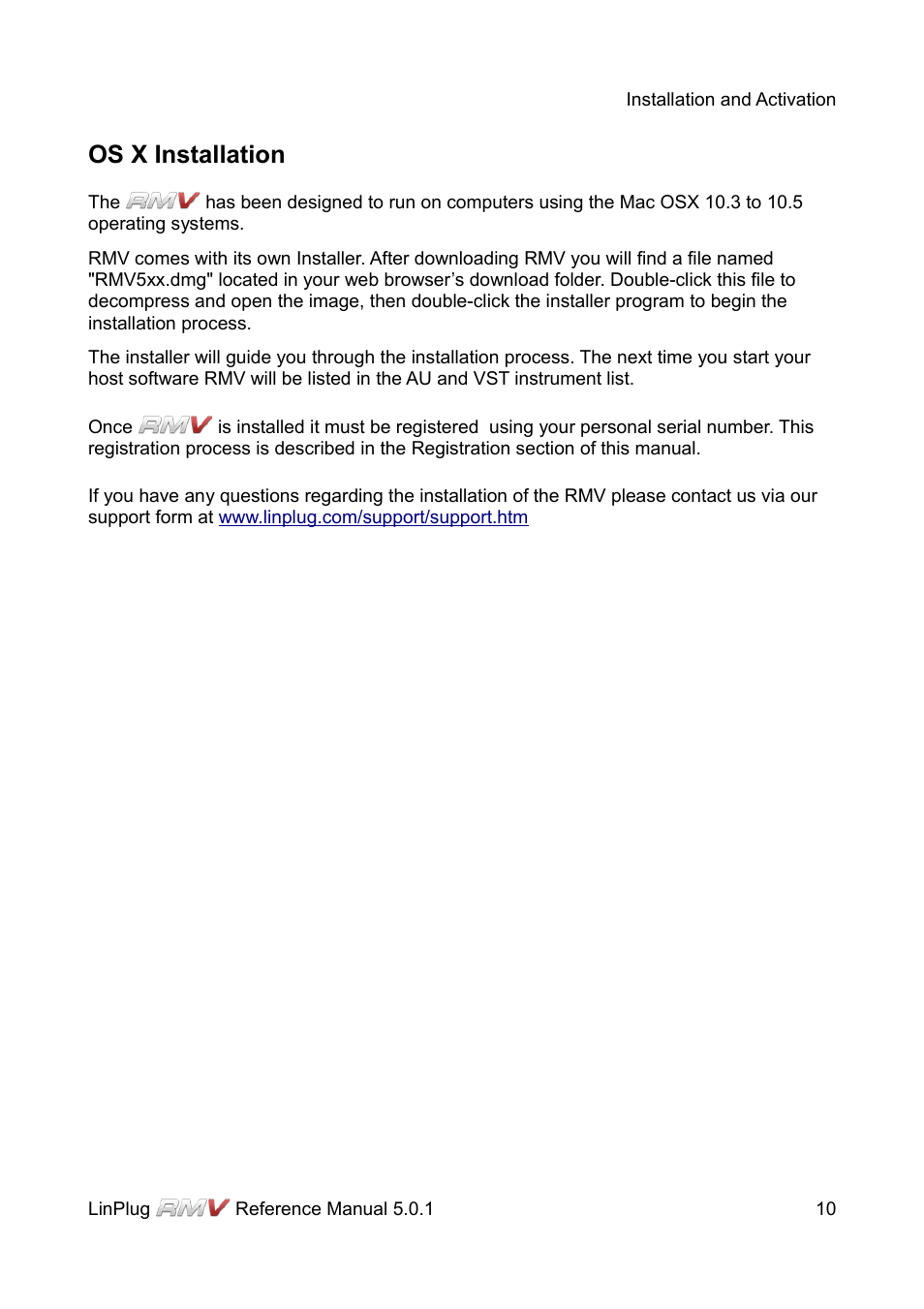 Os x installation | LinPlug RMV User Manual | Page 10 / 154