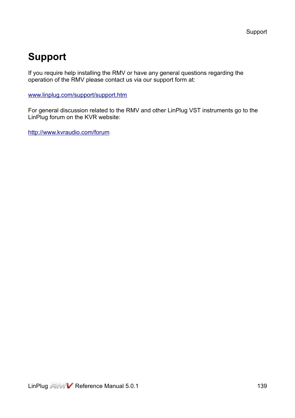 Support | LinPlug RMV User Manual | Page 139 / 154