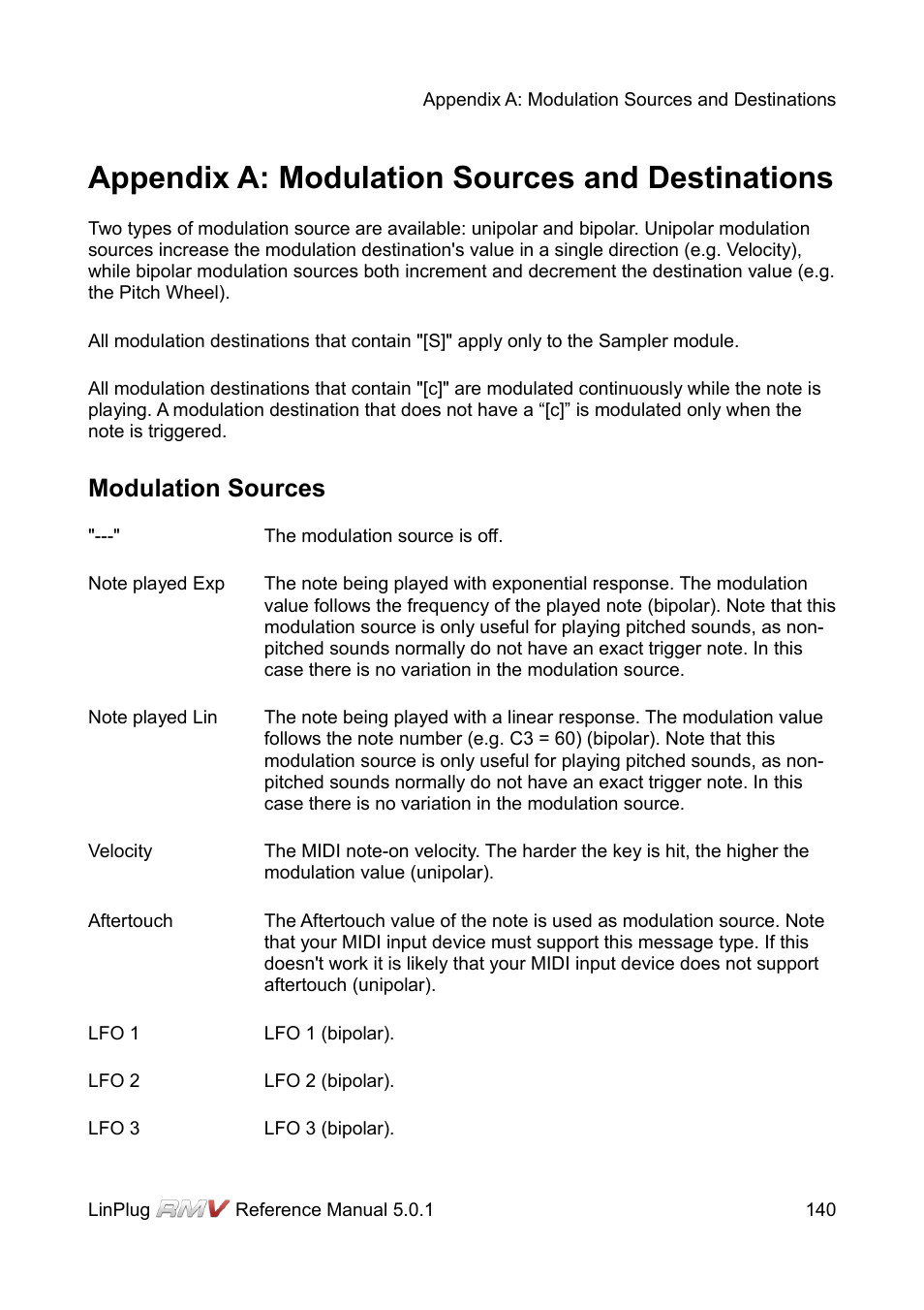 Appendix a: modulation sources and destinations, Modulation sources | LinPlug RMV User Manual | Page 140 / 154