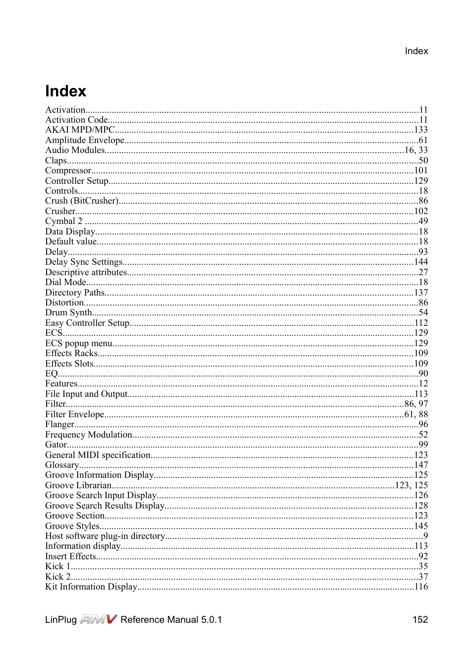 Index | LinPlug RMV User Manual | Page 152 / 154